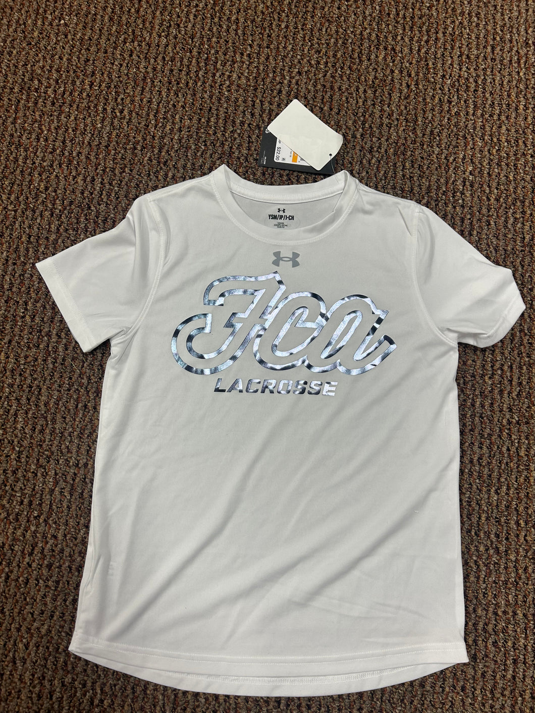 White short sleeve tee w navy metallic script logo