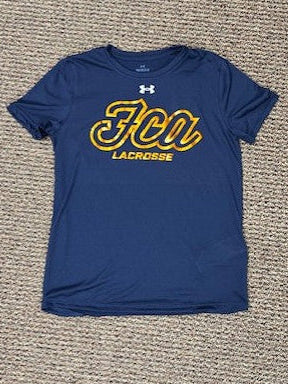 Navy shooter shirt with orange metallic script - Youth sizes